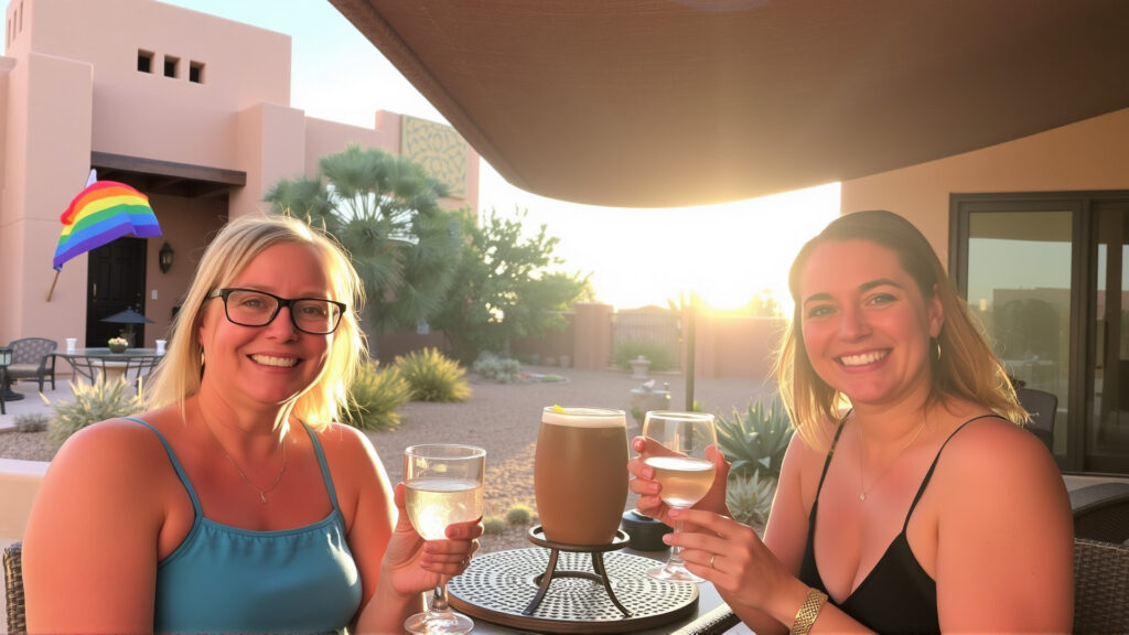 LGBTQ couple relaxing with water on a desert patio in Tucson