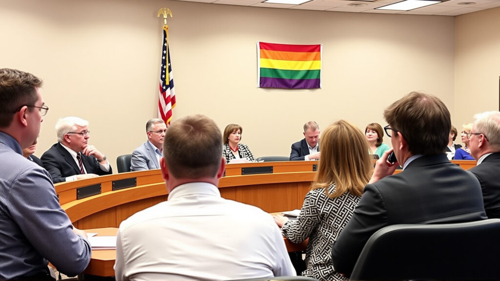Tucson city council meeting with LGBTQ pride flag visible