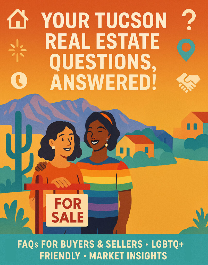 Illustration of LGBTQ+ homebuyers with a real estate agent in front of a Tucson home, featuring icons and text promoting Tucson real estate FAQs.