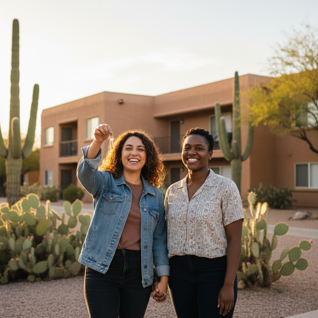 Same-sex couple holds apartment keys outside a Tucson residential building