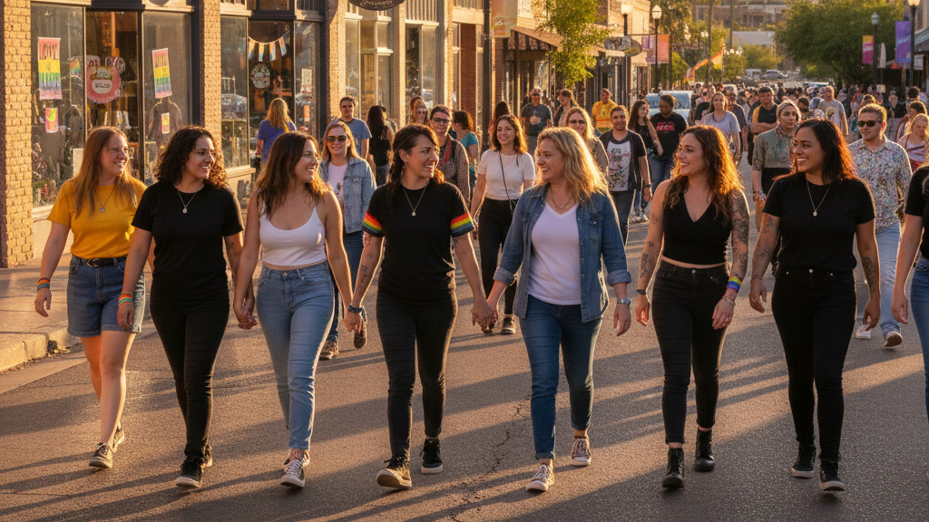 LGBTQ+ people walking together in downtown Tucson with Pride flags and mountain views