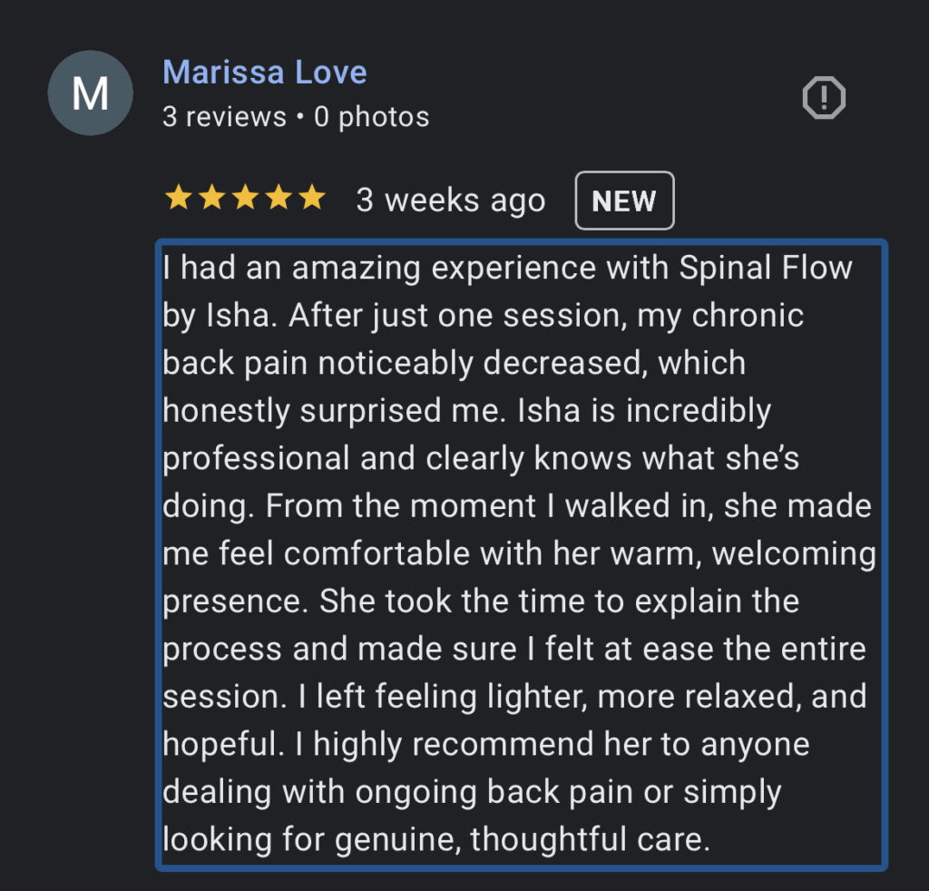 Screenshot of a 5-star review for Spinal Flow by Isha mentioning reduced back pain and a calming session