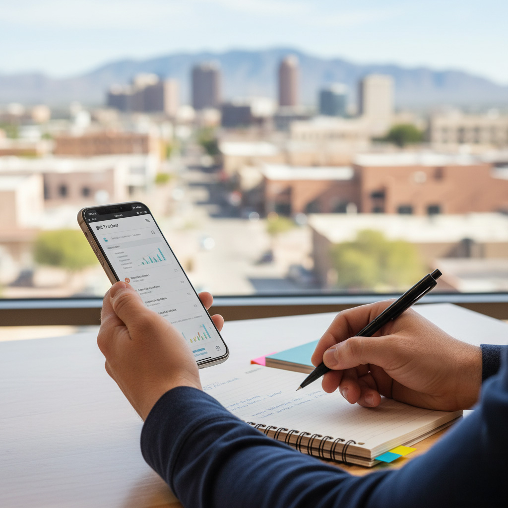 Person holding a smartphone showing a bill-tracker style page with a notebook and tabs.