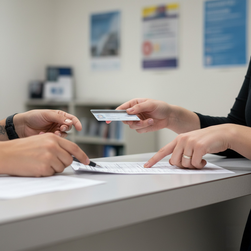 Hands presenting identification documents at a government office counter.