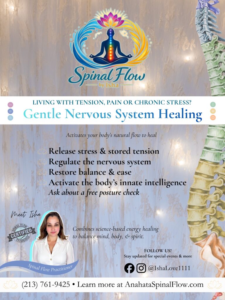 Spinal Flow by Isha graphic: ‘Gentle Nervous System Healing’ with benefits like releasing stress, regulating the nervous system, and restoring ease.