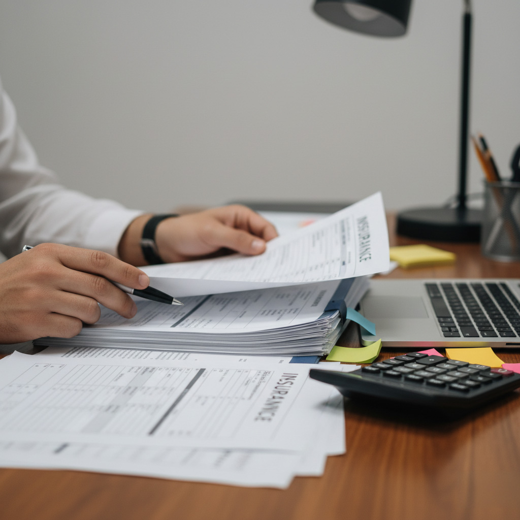 Hands reviewing insurance paperwork at a desk with a calculator and notes.