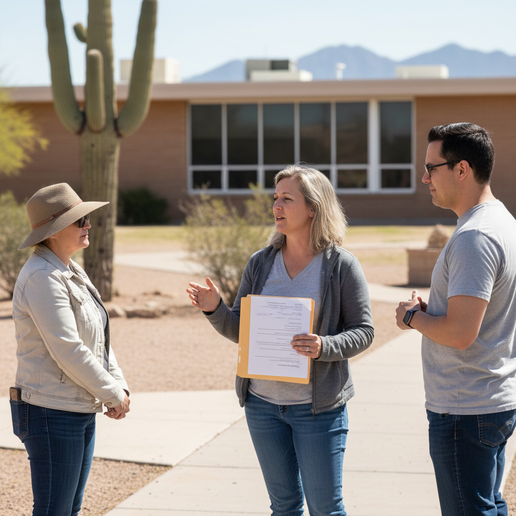Adults talking near a school campus walkway in Tucson with desert landscaping in the background.