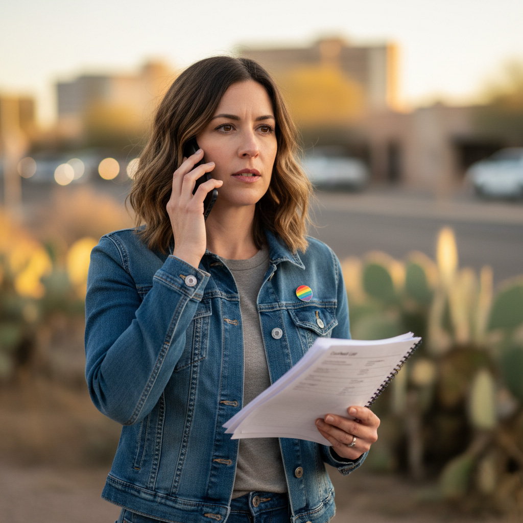 Person outdoors in Tucson making a phone call while holding a notebook and papers.