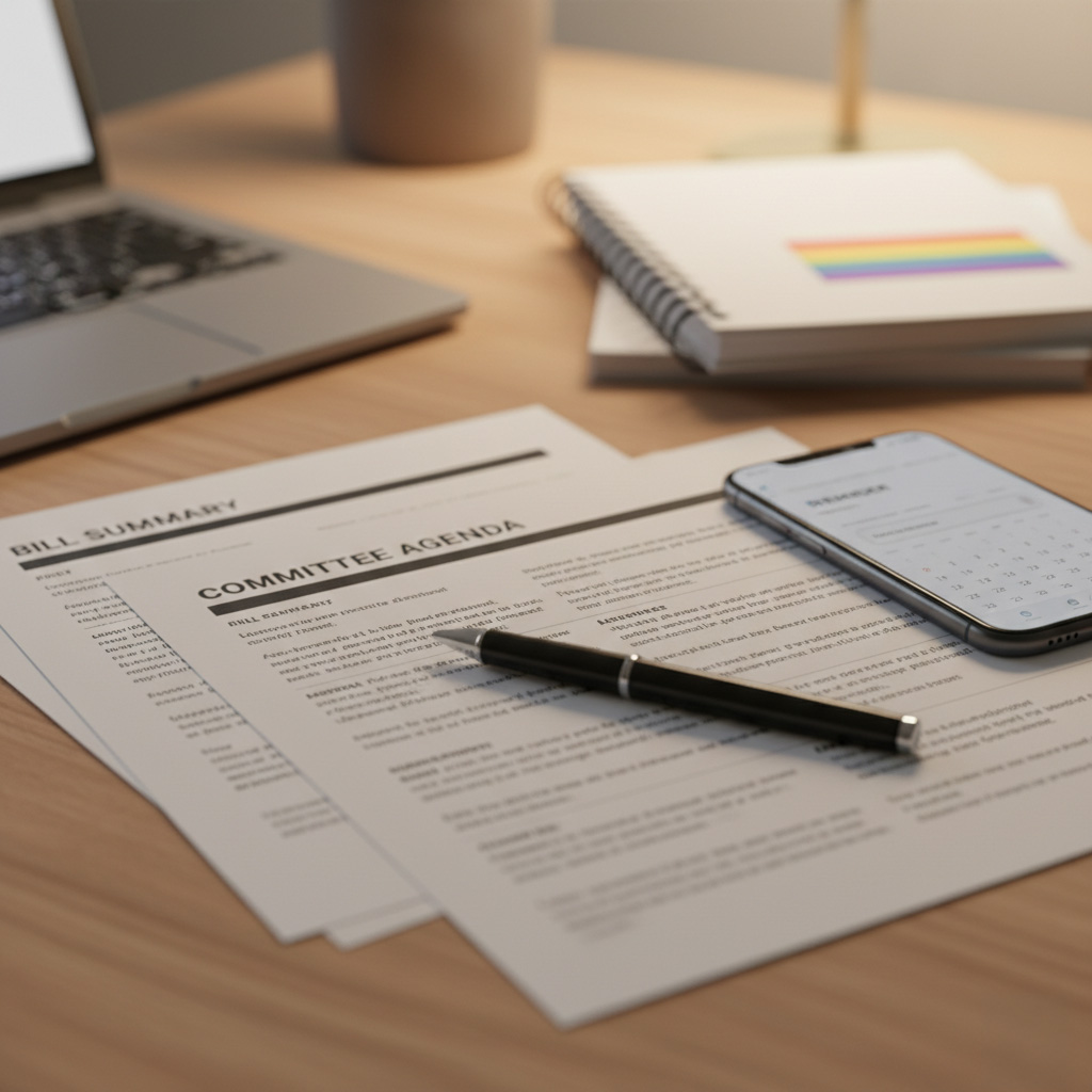Desk workspace with a laptop, phone calendar reminder, and printed committee agenda documents.