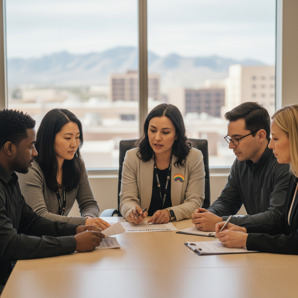 Small group meeting around a table discussing workplace policy documents in an office.