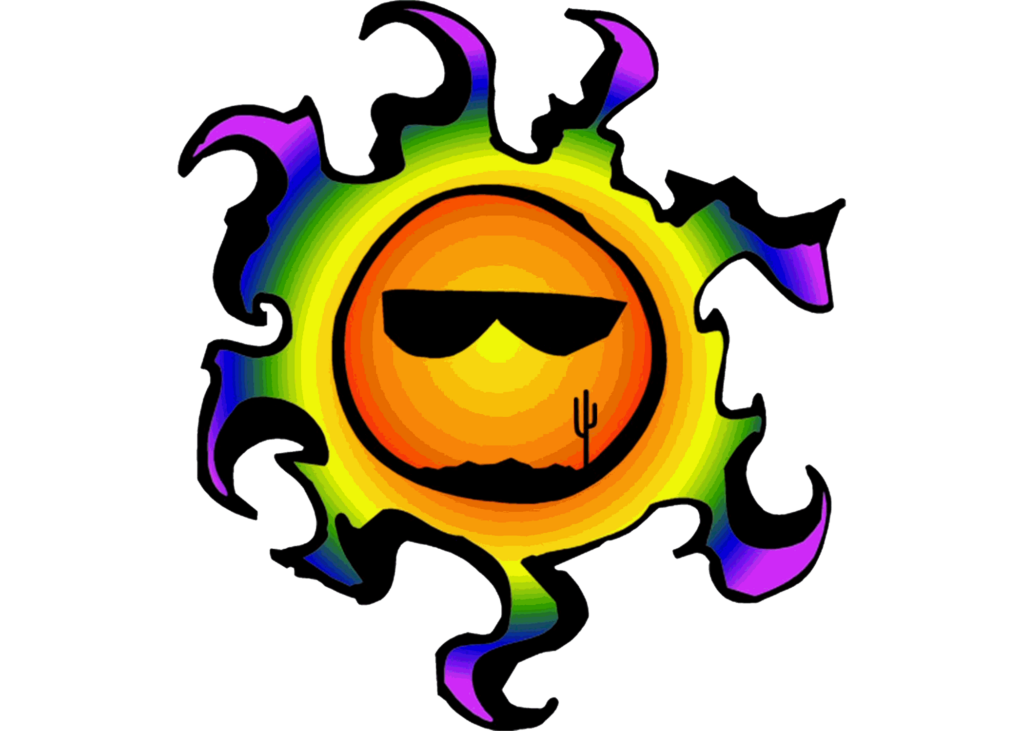 Original GayTucson.com rainbow sun logo with sunglasses, Tucson mountains and a saguaro.