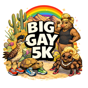 Big Gay 5K logo featuring a rainbow, desert plants and illustrated Arizona animals
