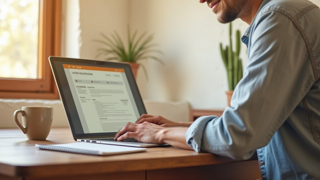 An adult seated at a laptop in a sunlit home, viewed over their shoulder.