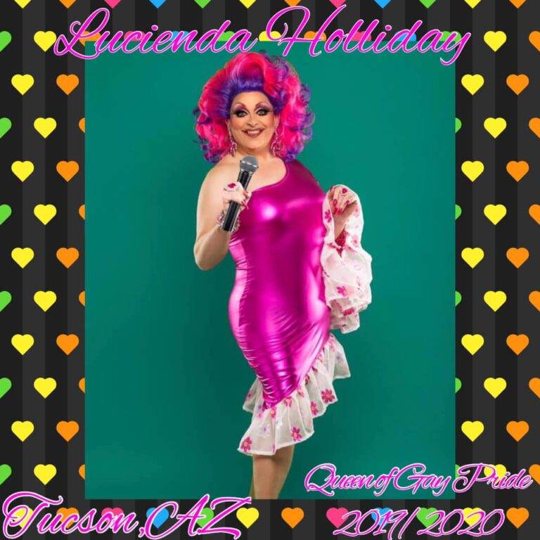 Lucinda Holliday posing as the Queen of Gay Pride