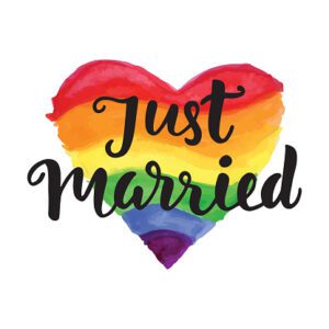 Rainbow heart with "Just Married" in cursive black text.