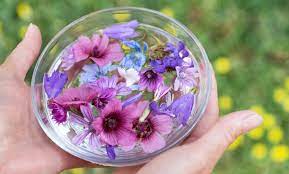 Sarah Baracks holding a clear bowl with purple flowers in it