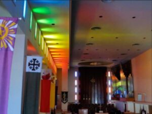 Image of rainbow lights in the sanctuary of Catalina United Methodist Church