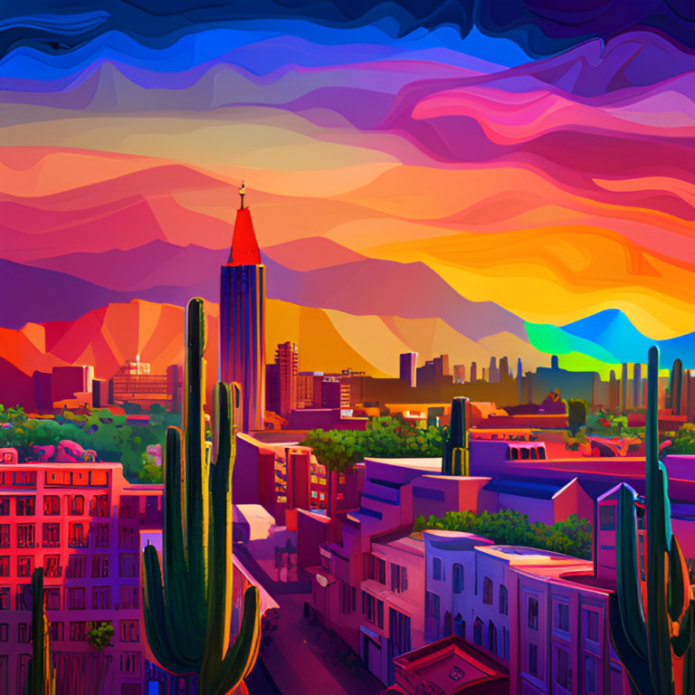 Stylized illustration of Tucson downtown, highlighting landmarks and elements representative of the LGBTQ community's history in Tucson.