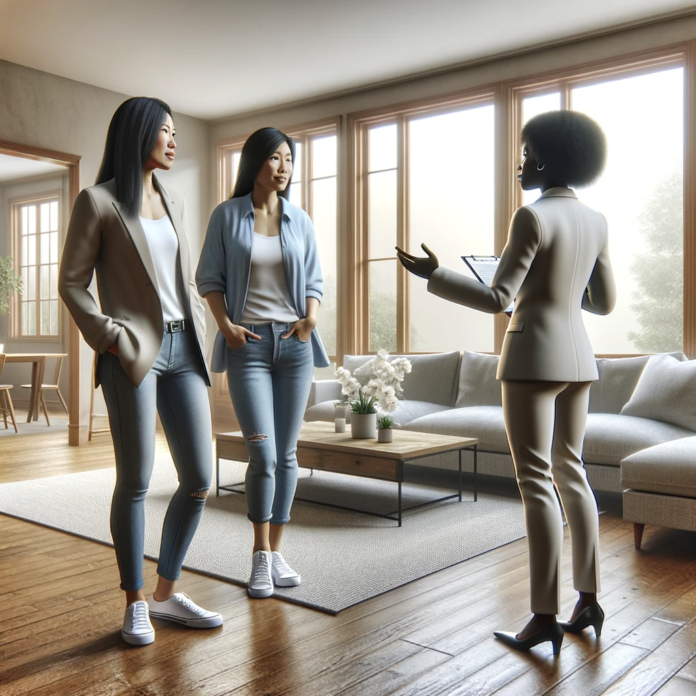 African American realtor advising a Asian lesbian couple on staging their home for sale, emphasizing the impact of strategic home presentation.