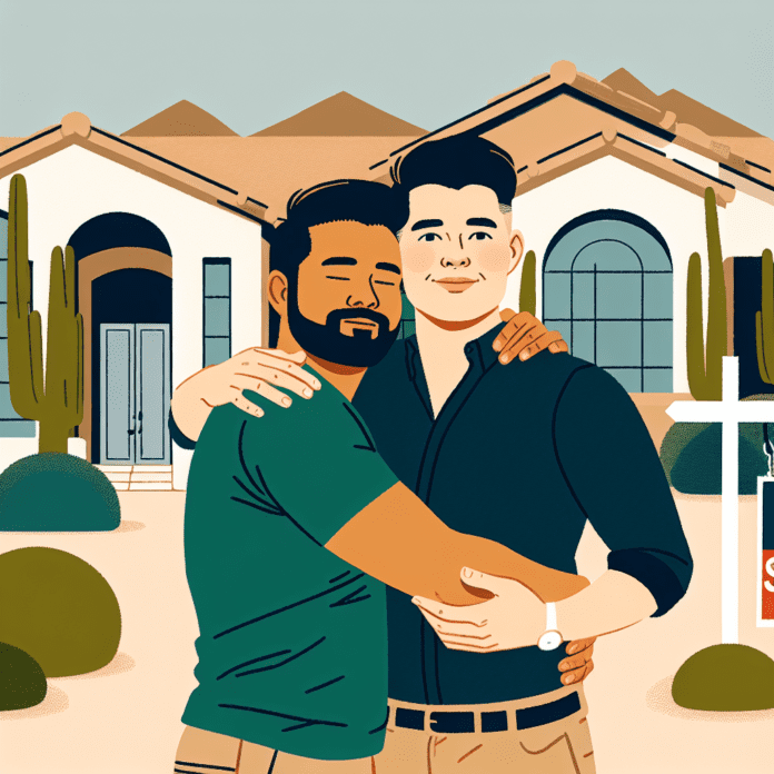 gay men hugging front of new home LGBTQ real estate agent gay realtor Tucson AZ