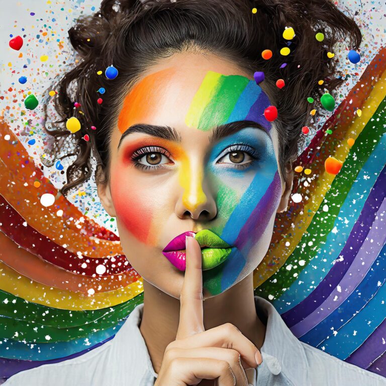 Graphic representation of the Day of Silence with a finger pressed to lips against a backdrop of muted colors and rainbow accents, symbolizing LGBTQ+ solidarity in silence.