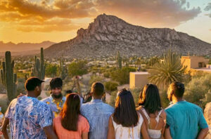 Diverse group of people enjoying a community event with a desert landscape in the background.