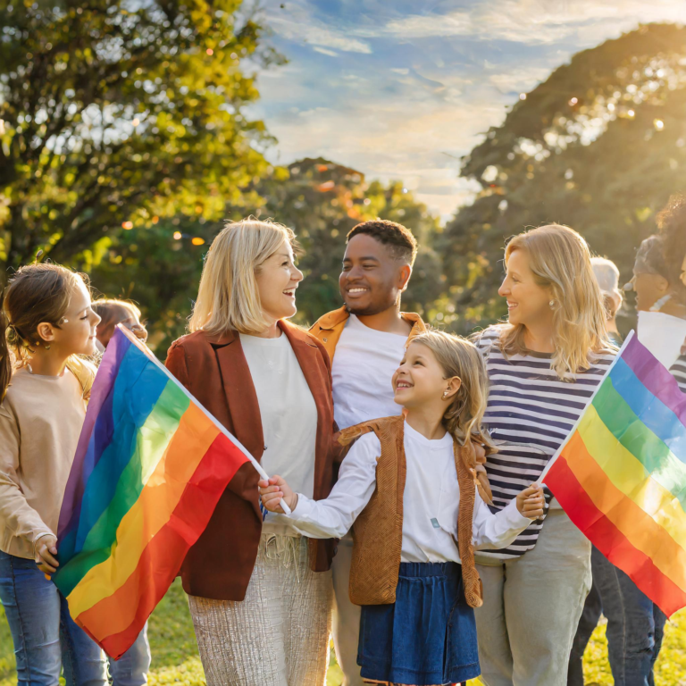 Diverse LGBTQ+ families enjoying a day in the park with rainbow flags