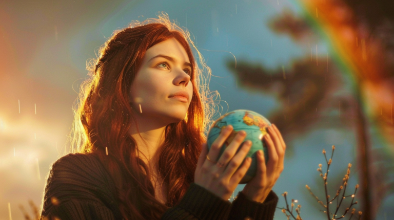 A woman holds a globe gently in her hands, looking towards it with hope, as a vibrant rainbow arches overhead against a clear sky.