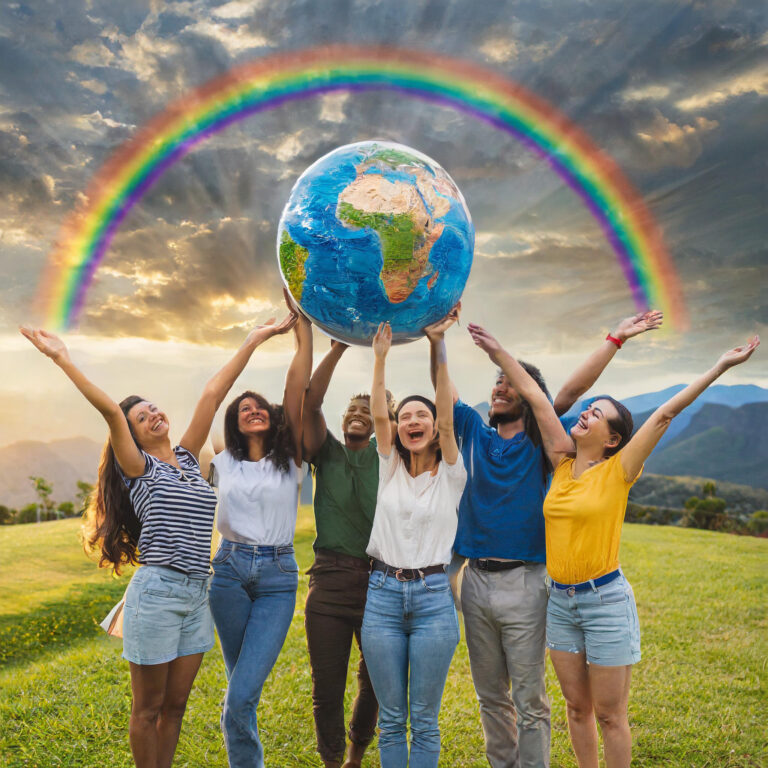 A diverse group of people holding up a globe with a rainbow arching overhead, symbolizing worldwide LGBTQ+ support and unity.