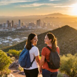 Couple enjoying a scenic hike in the Tucson mountains at sunset.