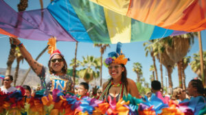 Joyful participants at Cathedral City LGBT Days, engaging in a bed race amidst palm trees and desert scenery, under a bright California sun.