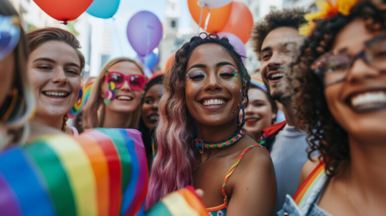 Diverse group of LGBTQ+ individuals celebrating with rainbow flags and festive decor against a backdrop of American landscapes.
