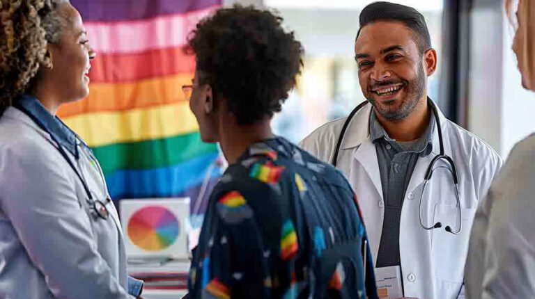 Diverse LGBTQ individuals in a medical clinic with a healthcare provider.