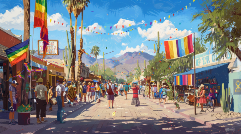 Illustration of people enjoying a sunny day in Tucson with LGBTQ iconography, including rainbow flags and diverse individuals.
