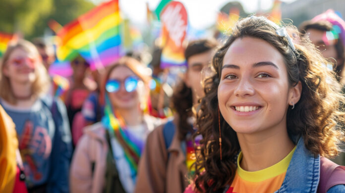 A diverse group of people from different backgrounds, ages, and genders, gathered together in a joyful, celebratory setting such as a park or community center, with rainbow flags, banners, and colorful decorations, representing unity, celebration, and inclusivity.