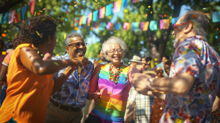 Multi-generational LGBT group smiling together at a park during LGBT Elders Day celebration.