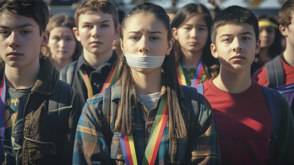 A diverse group of students in a school setting, each with a piece of duct tape or a hand over their mouth, symbolizing their vow of silence, with subtle rainbow elements such as wristbands or small flags, and text reading 