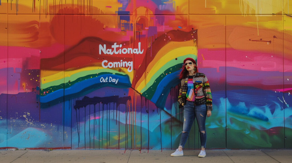 A woman standing in front of a vibrant mural that reads 