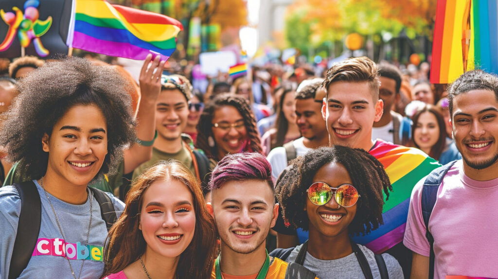 A diverse group of people smiling and celebrating together with rainbow flags and the text 