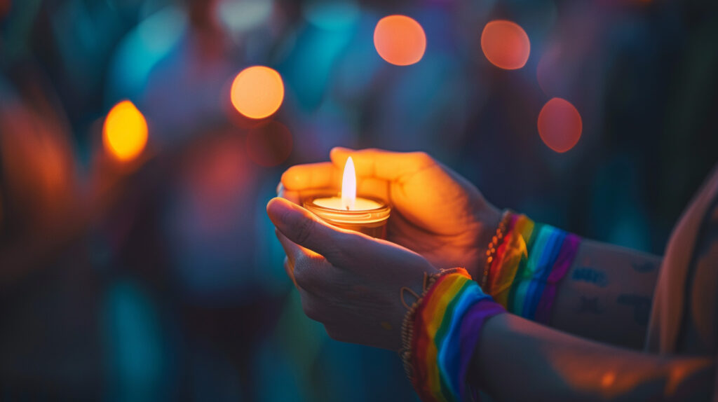 A close-up of a person's hands holding a candle, symbolizing hope and remembrance, with a rainbow bracelet representing the LGBTQ+ community. In the background, a small group of people stands together, offering support. The text reads 