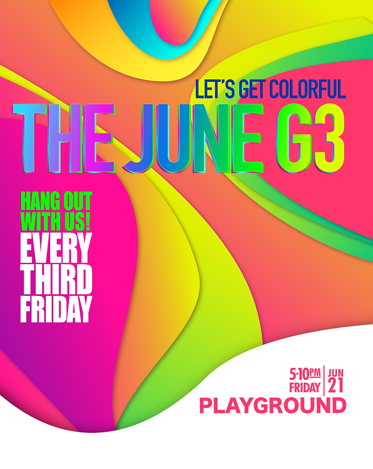 June G3: Gay Happy Hour event poster featuring the event date, time, and location details.