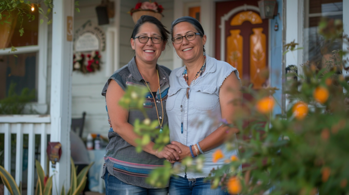 Same-sex couple in front of their home in Tucson.