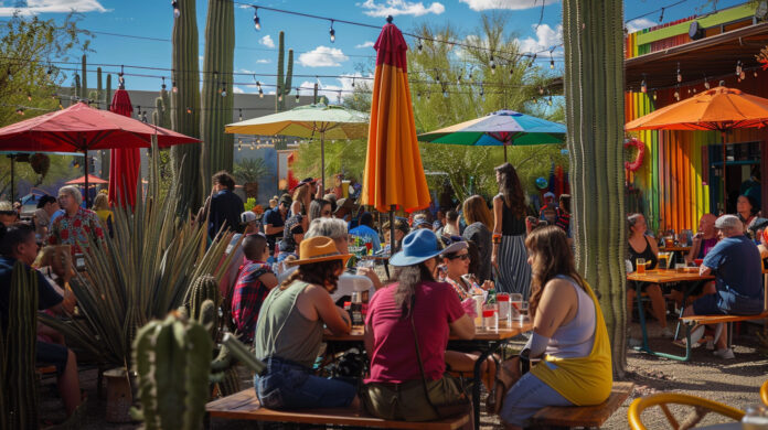 Diverse group of people enjoying an outdoor LGBTQ-friendly venue in Tucson with Saguaro cacti and downtown buildings in the background.