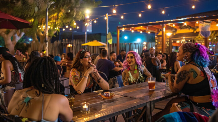Diverse crowd enjoying a vibrant night out at an LGBTQ+ friendly bar in Tucson.