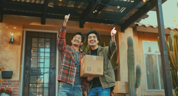 LGBTQ couple standing in front of their new home with keys in hand, smiling and excited.