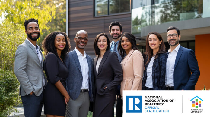 Diverse group of REALTORS® holding At Home With Diversity® certification logo in front of a modern home.