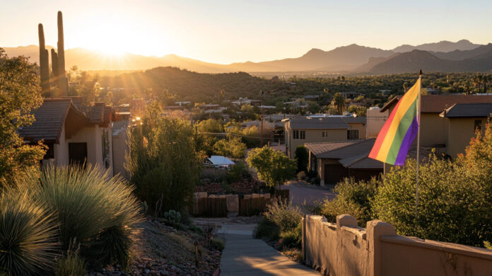 A scenic Tucson neighborhood with rainbow flags displayed on homes at sunrise.