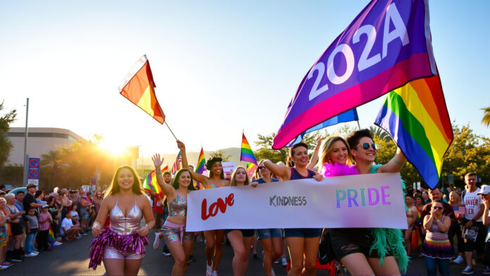 A group of young people marching in the Tucson Pride Parade 2024, holding rainbow flags and banners, celebrating diversity and LGBTQ+ pride in Tucson.