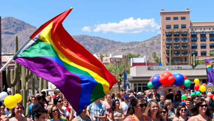 Tucson Pride weekend with rainbow flags, floats, and the Tucson city skyline in the background.