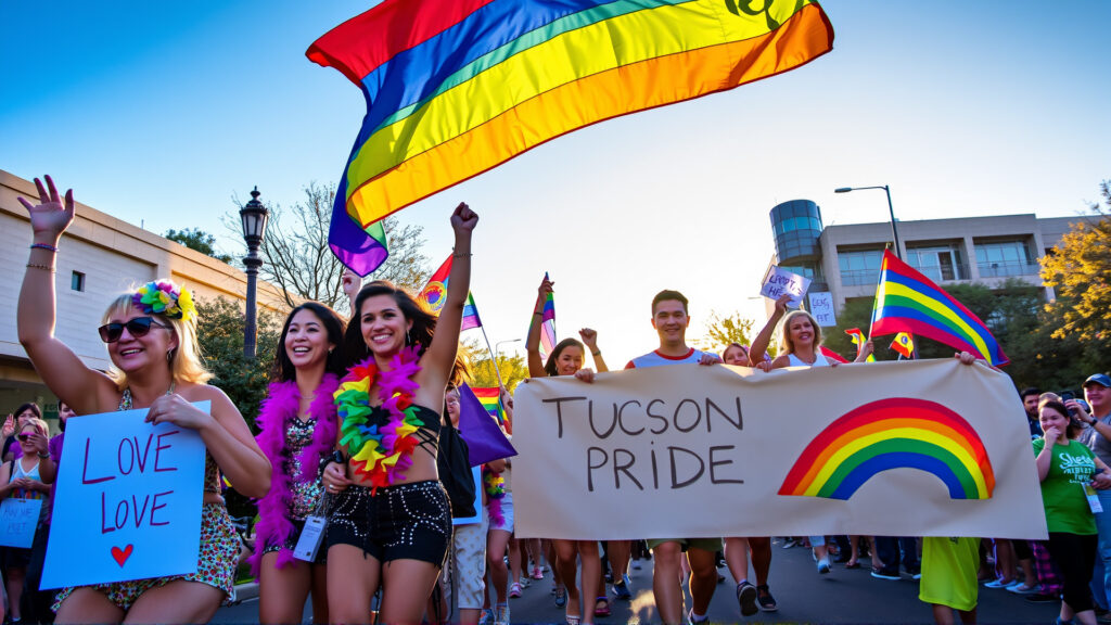 A festive scene of the Tucson Pride Parade 2024 with participants holding colorful flags and banners, celebrating love and equality in the streets of Tucson.